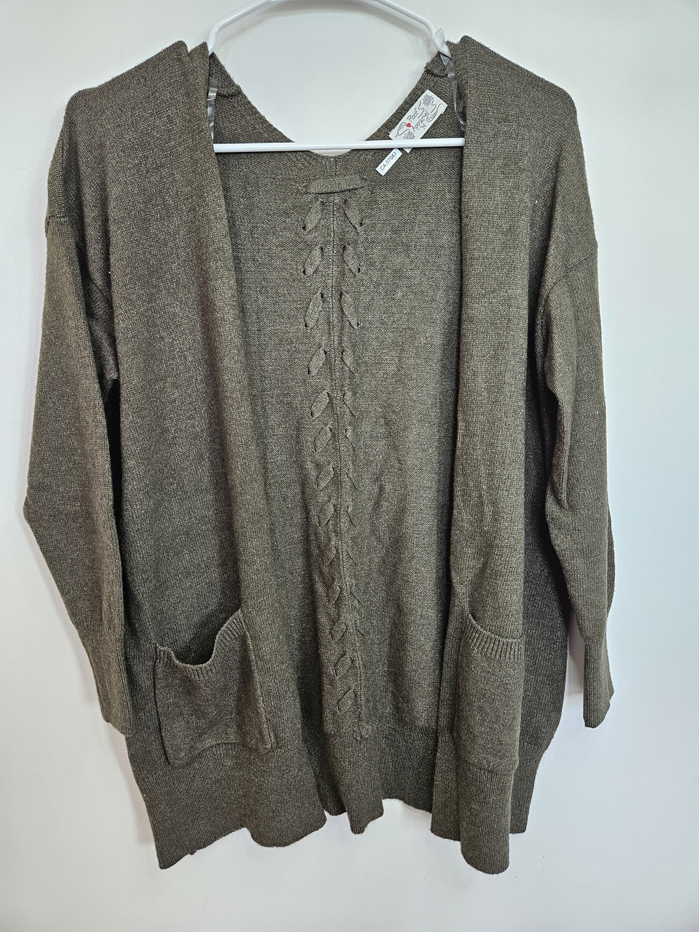 POOF APPAREL Olive Green Cable Knit Back Open Front Cardigan Pocket Sweater M🔥